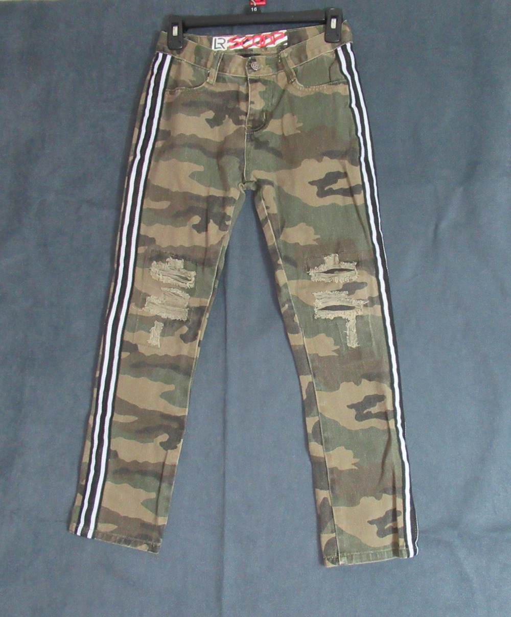 LR Scoop Jeans Boys Size 14 Green Camo Moto Racer Stripe Distressed Skinny Denim